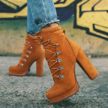 Lace UP Round Toe Mid-Calf Boots