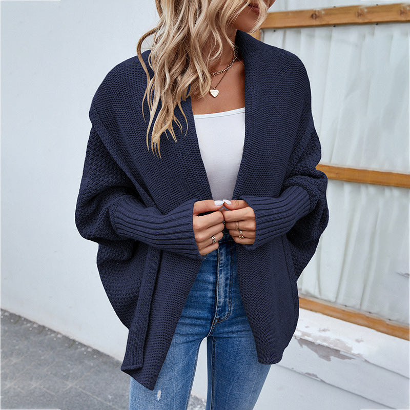 Pull tricoté ample couleur unie revers cardigan femme