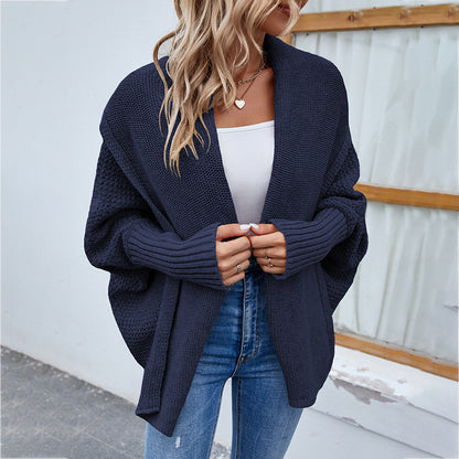 Pull tricoté ample couleur unie revers cardigan femme