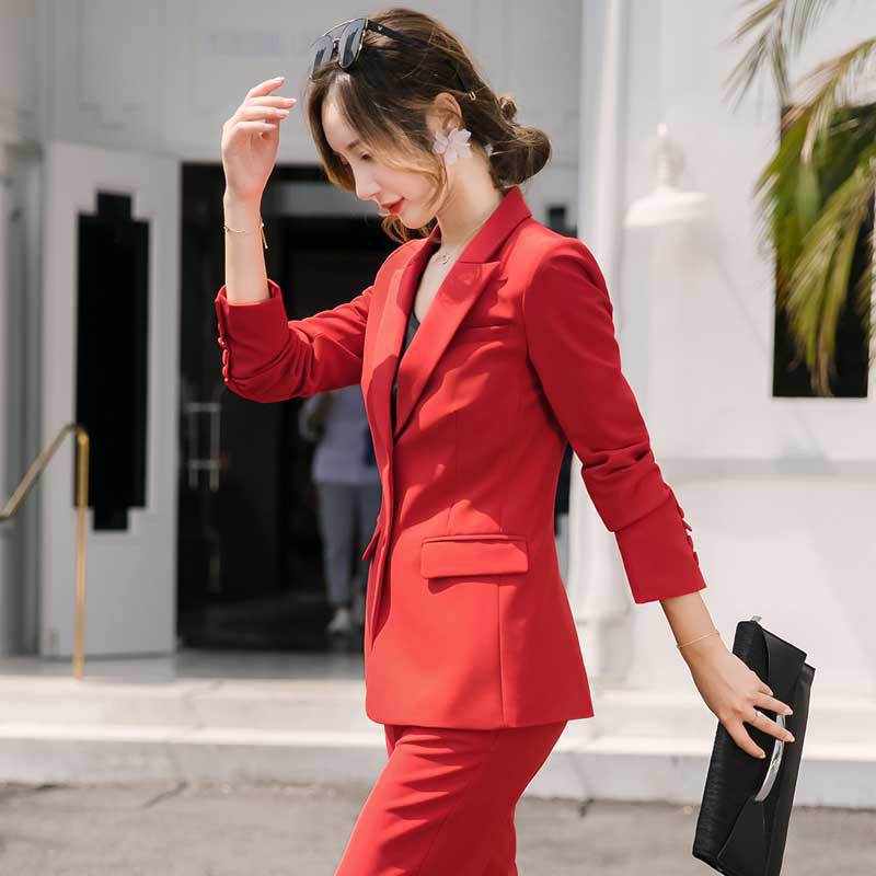 Costume professionnel rouge d'affaires de couleur unie pour femmes