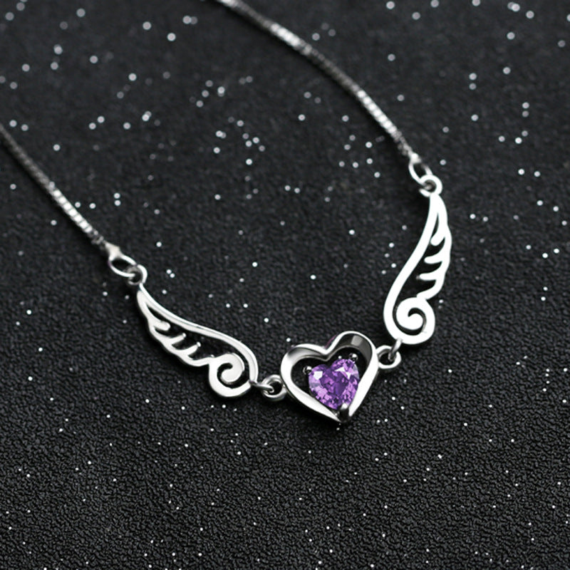 Collier Ailes d'ange en argent pur, romantiques en cristal violet