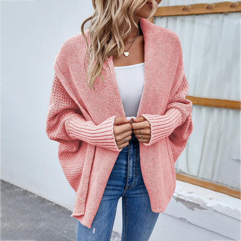 Pull tricoté ample couleur unie revers cardigan femme