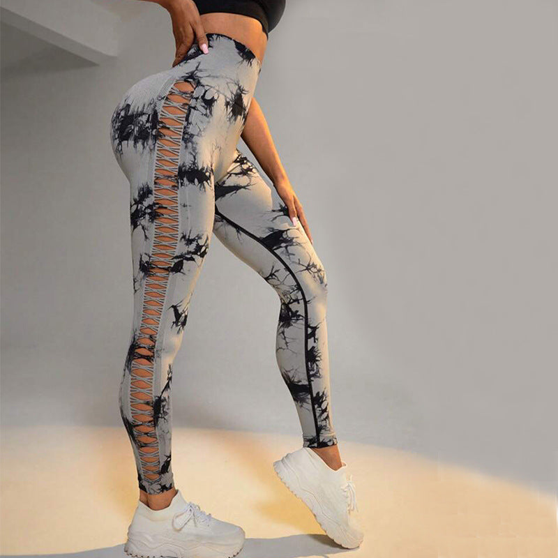 Leggings de sport taille haute imprimé, teinture par nouage, sans couture