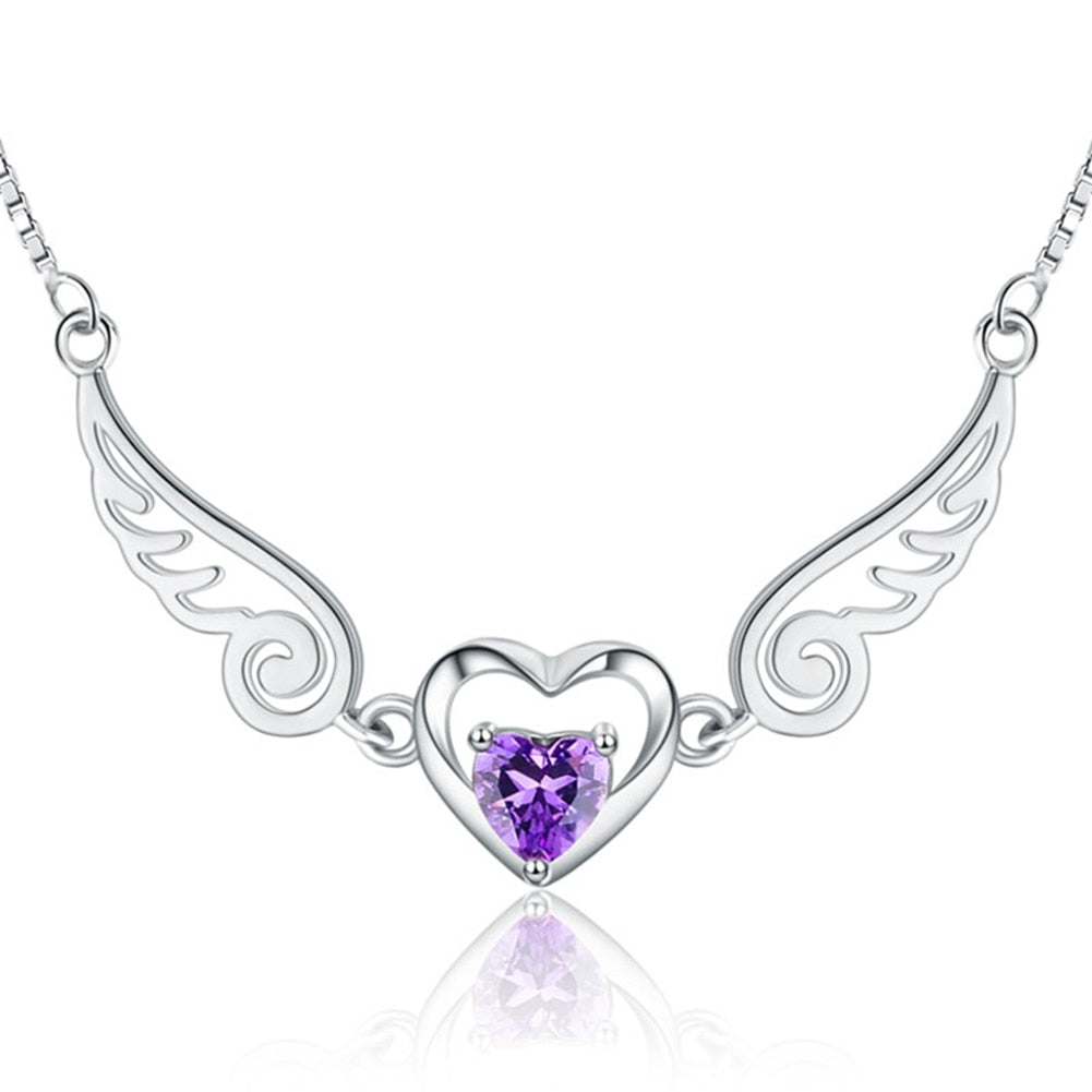 Collier Ailes d'ange en argent pur, romantiques en cristal violet