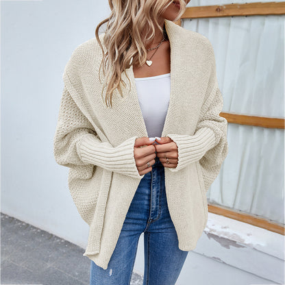 Pull tricoté ample couleur unie revers cardigan femme