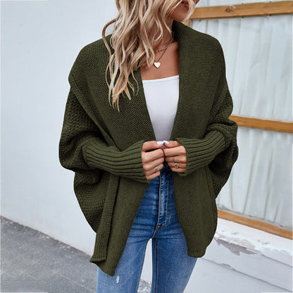 Pull tricoté ample couleur unie revers cardigan femme