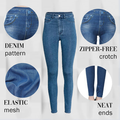 Basic casual stretch denim pants, high waist with faux pockets