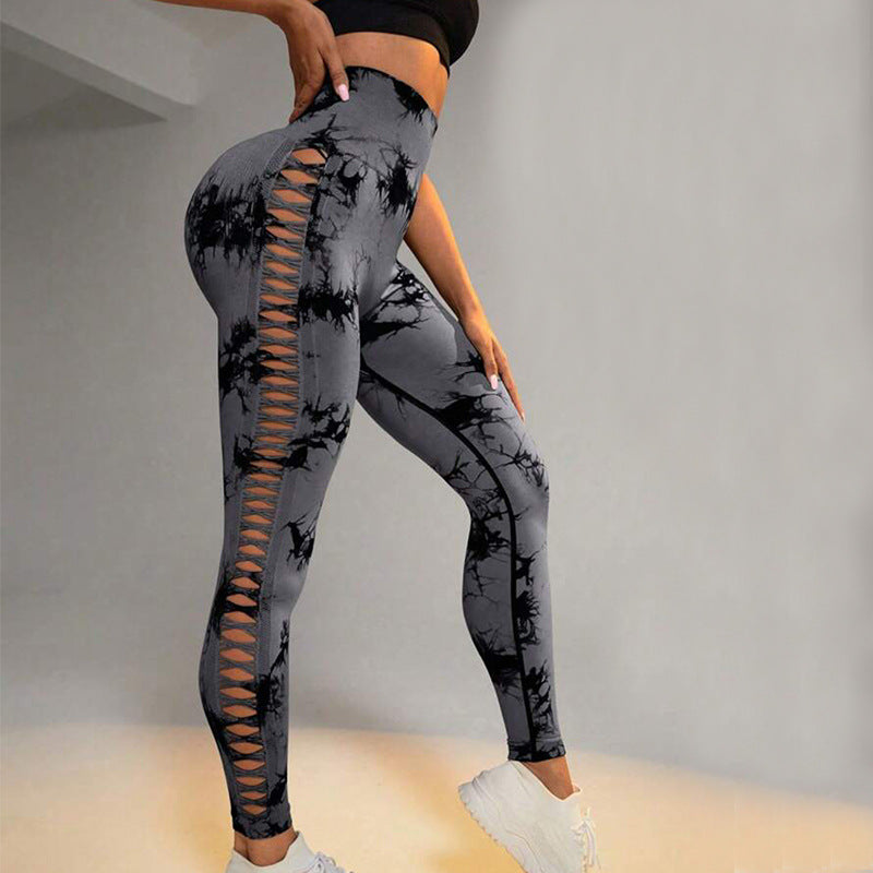 Leggings de sport taille haute imprimé, teinture par nouage, sans couture