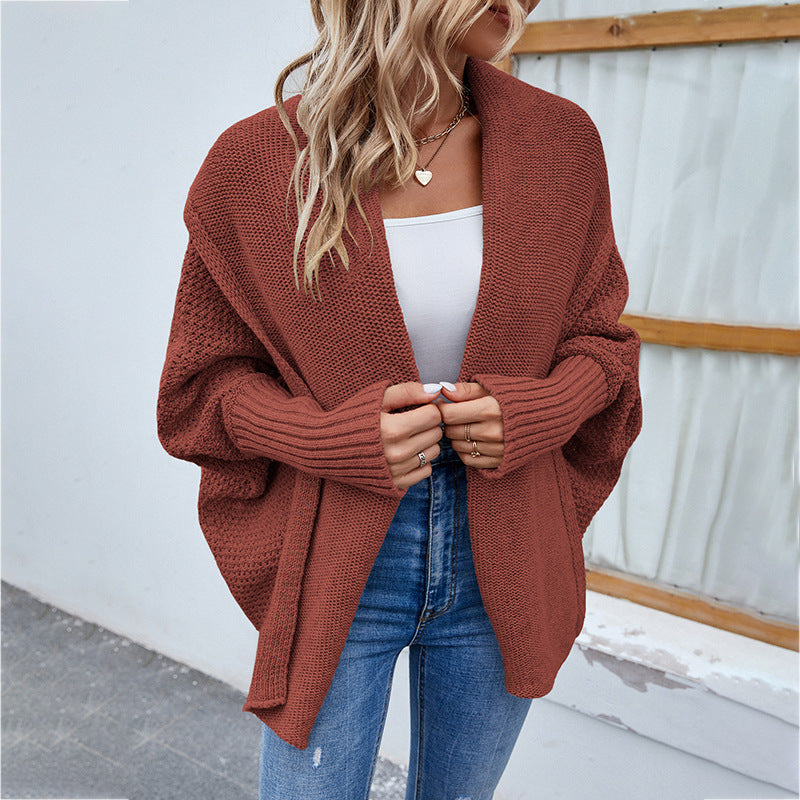 Pull tricoté ample couleur unie revers cardigan femme