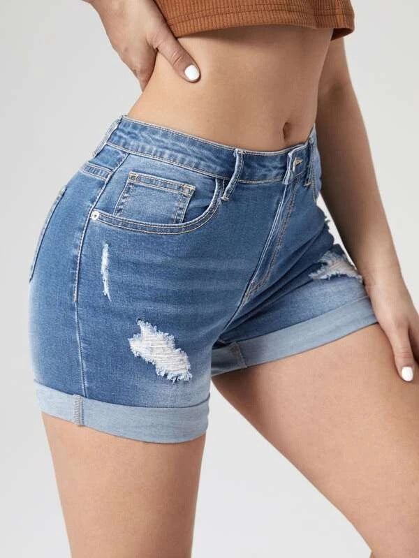 Short en jean taille haute en coton