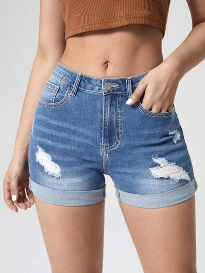 Short en jean taille haute en coton