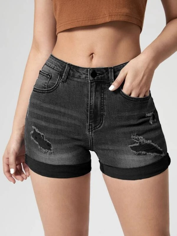 Short en jean taille haute en coton