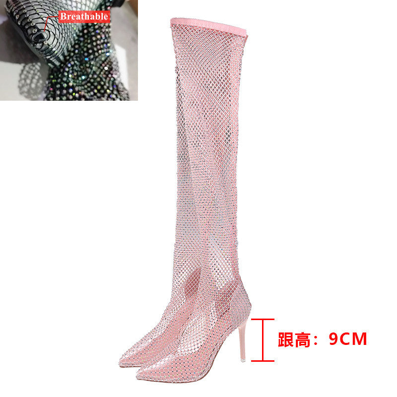 Bottes en filet aiguille, chaussettes creuses en strass